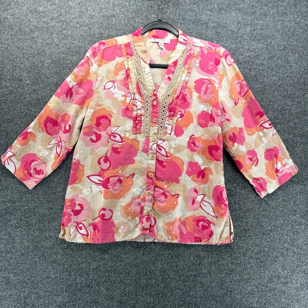 JM Collection Top Womens 12p Floral Linen Button Up Boxy Tropical Resort Coastal